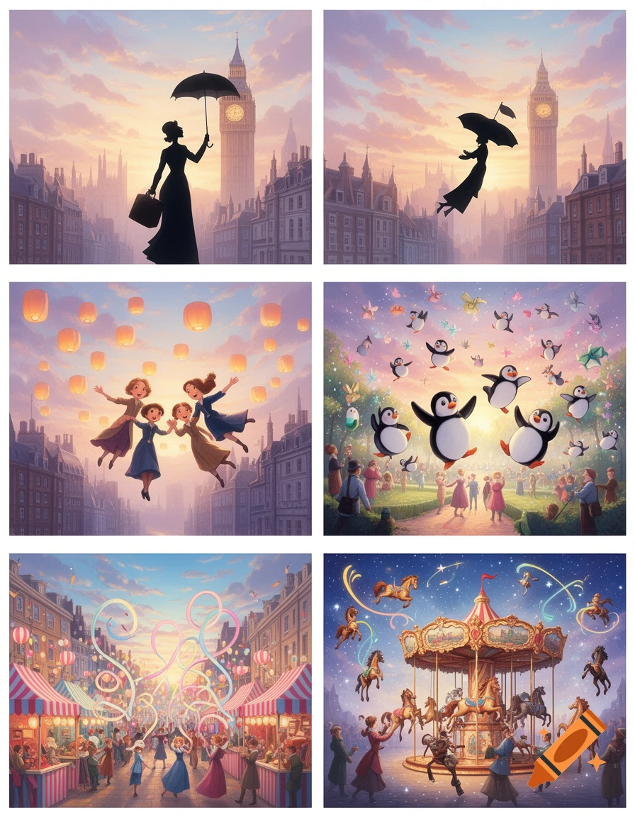 A collage of six whimsical illustrations inspired by Mary Poppins, showing scenes in London with umbrellas, penguins, children, and a carousel at sunset.