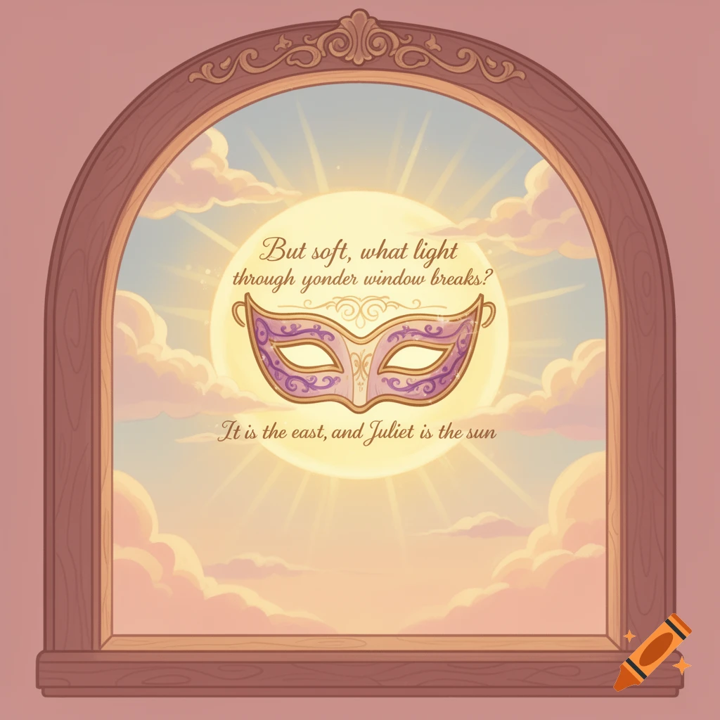 Clipart illustration of an arched window at sunrise/sunset with a purple masquerade mask and a Shakespeare quote.
