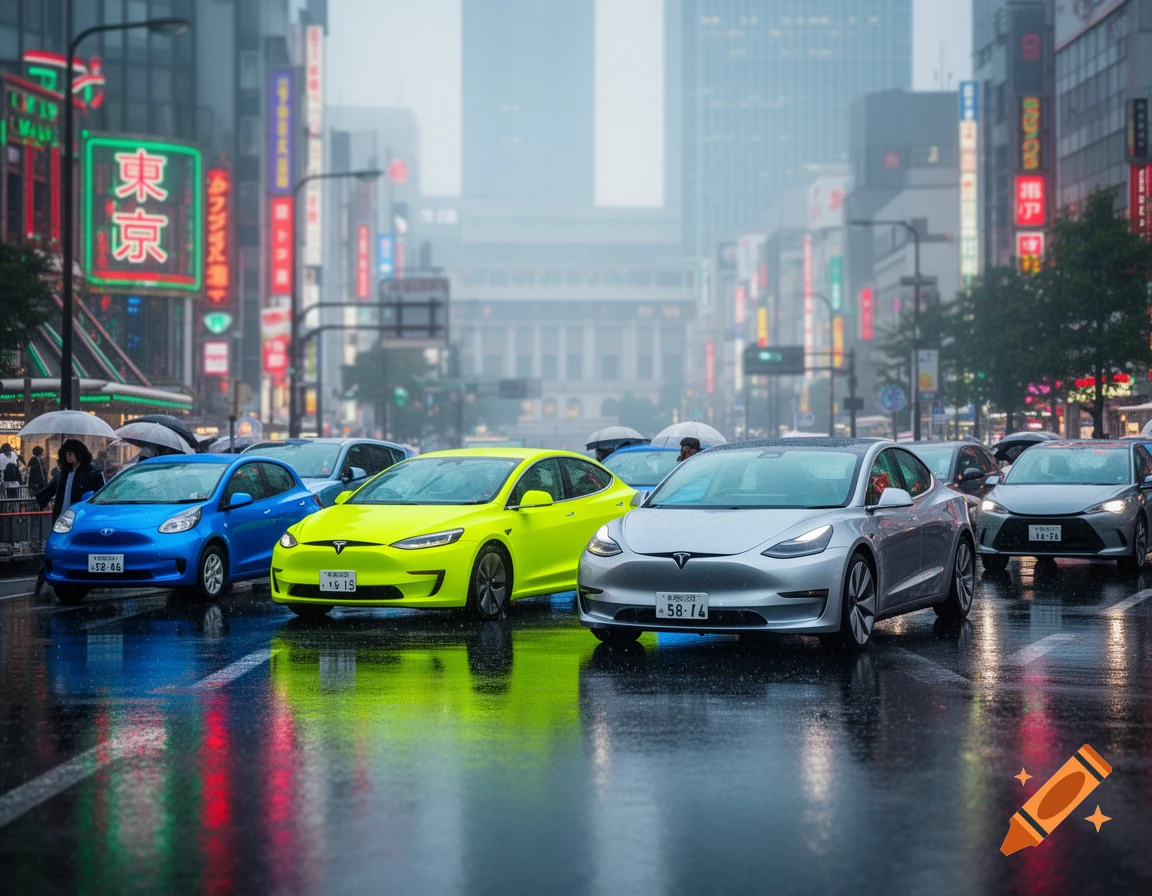 Photorealistic image of cars, including a silver and neon green Tesla, on a wet Tokyo street during a rainy day with bright neon signs.