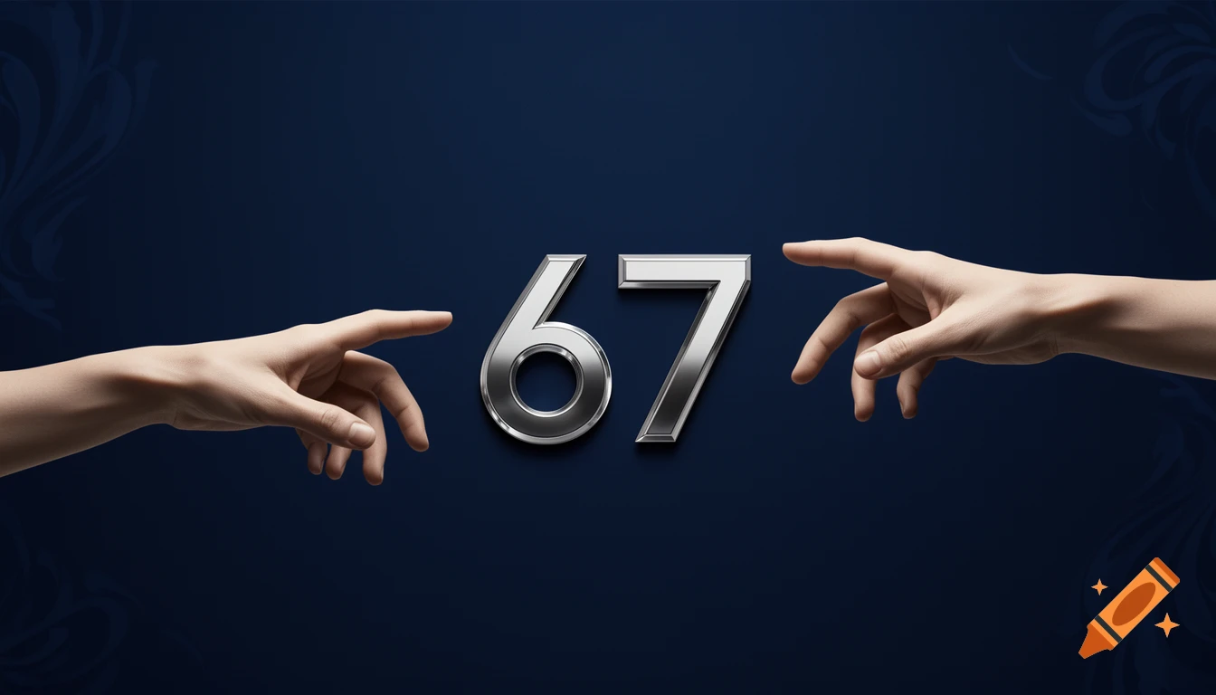 Two hands reaching towards each other, framing metallic silver numbers 67 on a dark blue background with subtle patterns.