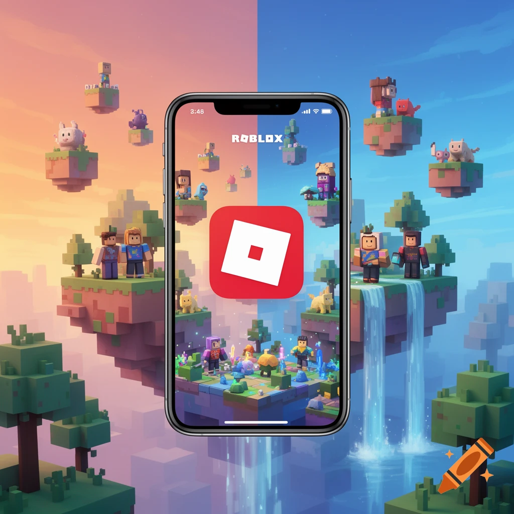 A smartphone displays the Roblox game with blocky characters on floating islands, set against a vibrant split orange and blue sky.