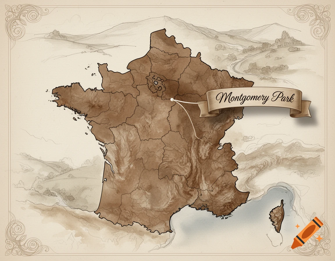 Vintage illustrated map of France in sepia tones with a banner labeled 'Montgomery Park' pointing to a location.