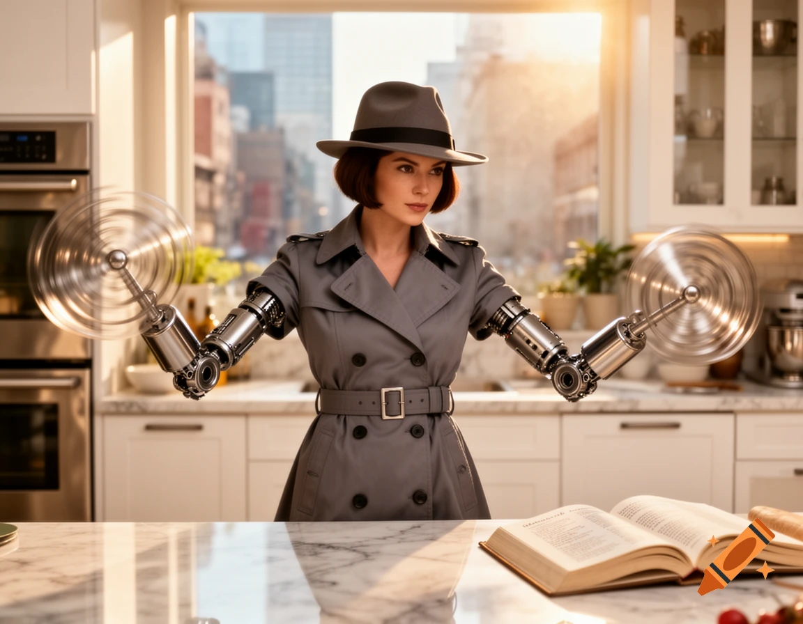 A woman resembling Inspector Gadget, with spinning mixer blades for hands, stands in a bright kitchen with an open book.