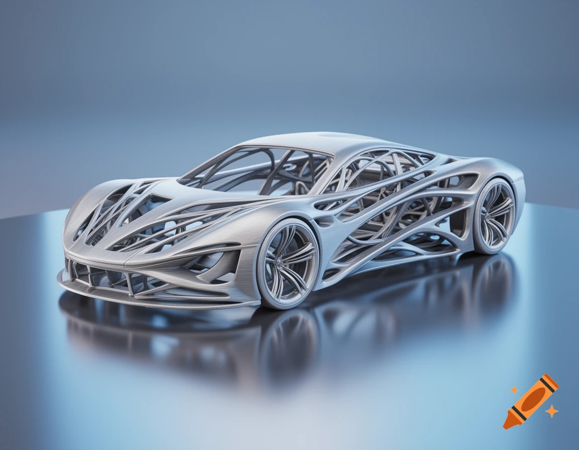A silver 3D printed model car chassis with a unique, intricate, skeletal design sits on a reflective surface.