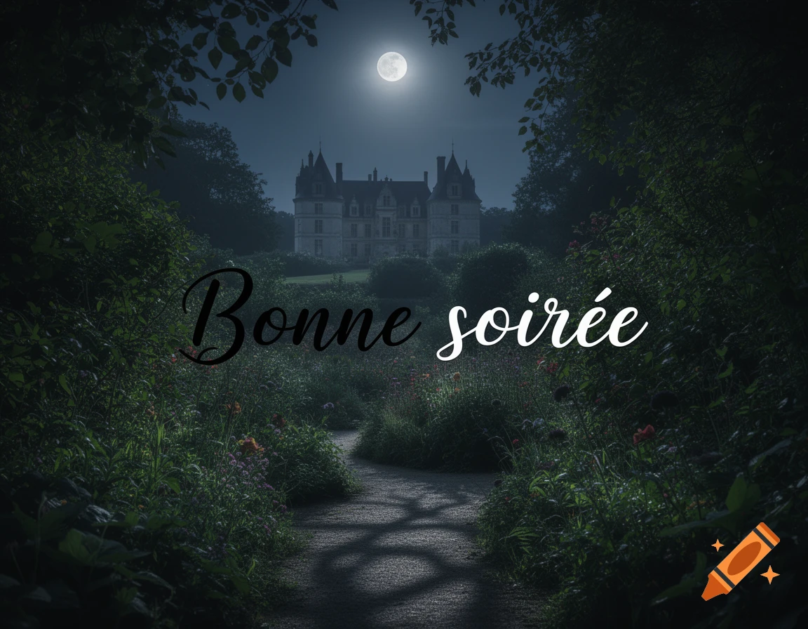Moonlit castle behind a dark, overgrown garden path with "Bonne soirée" text.