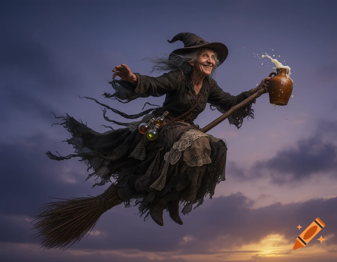 A grinning old witch flies on a broomstick, holding a splashing jug against a cloudy sunset sky.