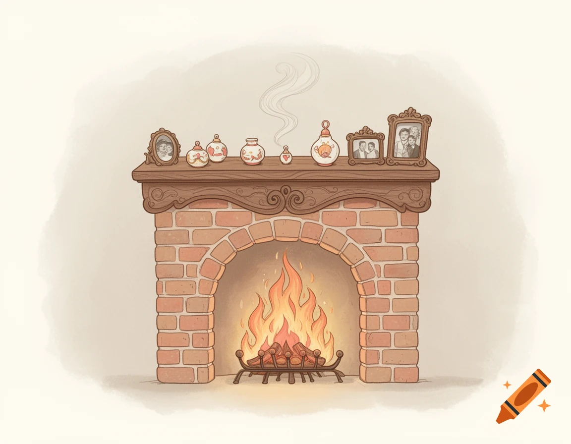 Cute illustration of a brick fireplace with a burning fire, wooden mantel, and decorative picture frames and vases.