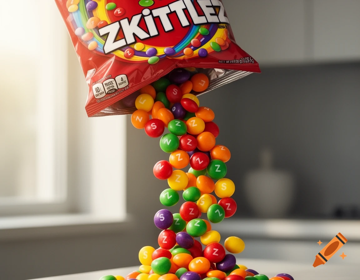 A red bag of "ZKITTLEZ" candy pours colorful, 'Z'-emblazoned candies onto a surface, with a window in the background.