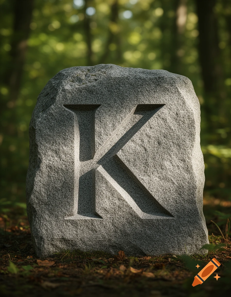 A gray stone slab with a carved letter K stands in a sunlit forest, surrounded by green foliage and brown leaves on the ground.