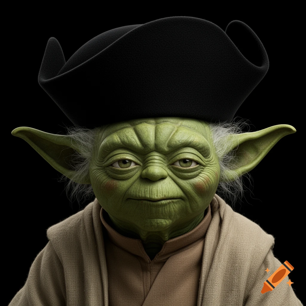 A detailed, photorealistic close-up of Yoda wearing a black, folded hat on a black background.