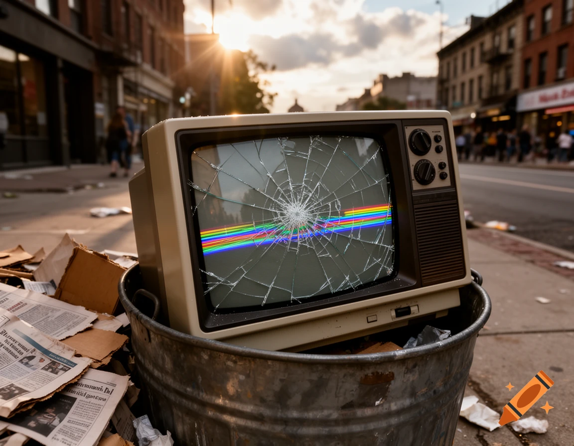 An old broken television with a shattered screen displaying a rainbow spectrum sits in a metal trash can on a city sidewalk, surrounded by discarded newspapers at sunset.