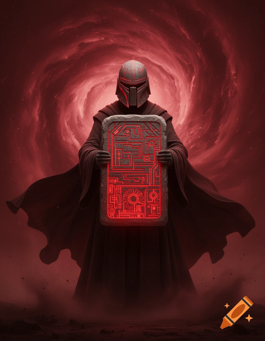 A robed figure in a helmet holds a stone tablet with a glowing red circuit pattern, against a swirling crimson background.