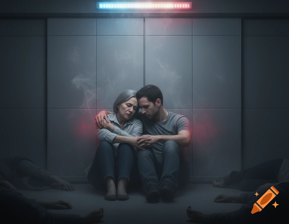 A man and an older woman embrace in despair against a paneled wall, surrounded by smoke, siren lights, and indistinct bodies on the floor in a somber, realistic style.