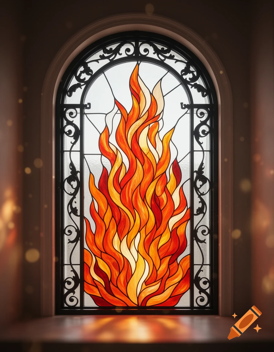 A vibrant stained glass window with an arched top, featuring a fiery blaze motif in red, orange, and yellow, framed by black iron.