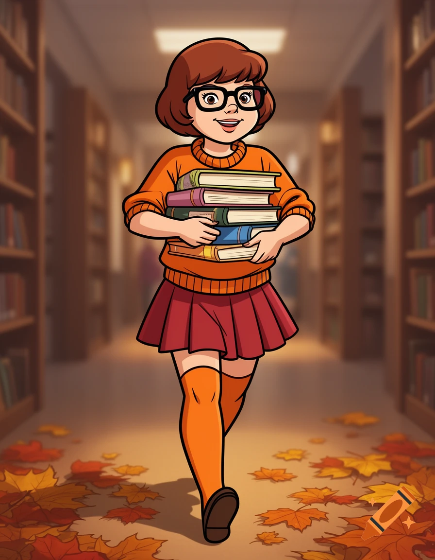 Cartoon Velma in her classic outfit with orange thigh-high socks walks through a library, holding a stack of books, with autumn leaves on the floor.