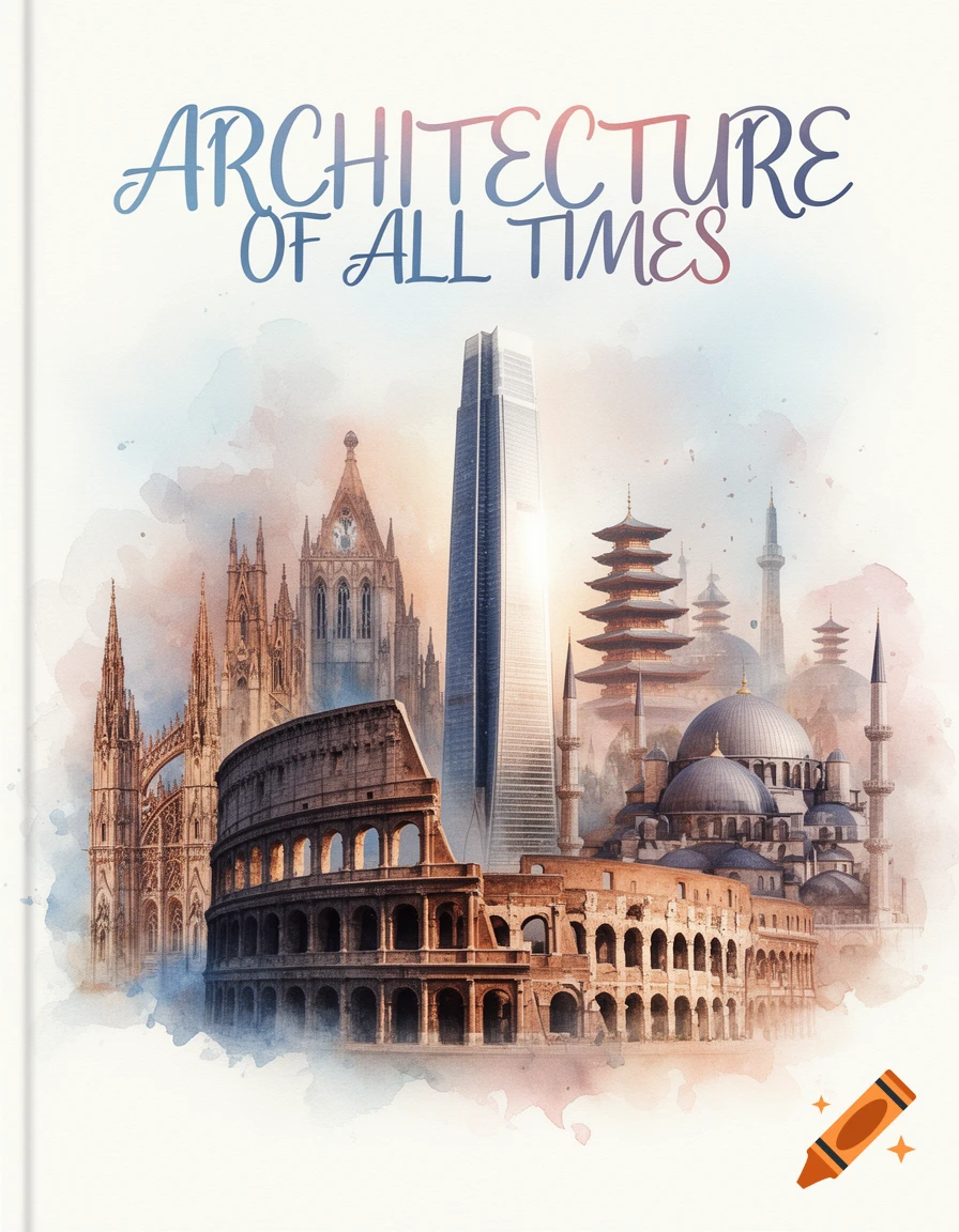 Watercolor illustration titled 'ARCHITECTURE OF ALL TIMES' featuring a collage of global architectural landmarks including the Colosseum, a modern skyscraper, gothic spires, pagodas, and mosques.