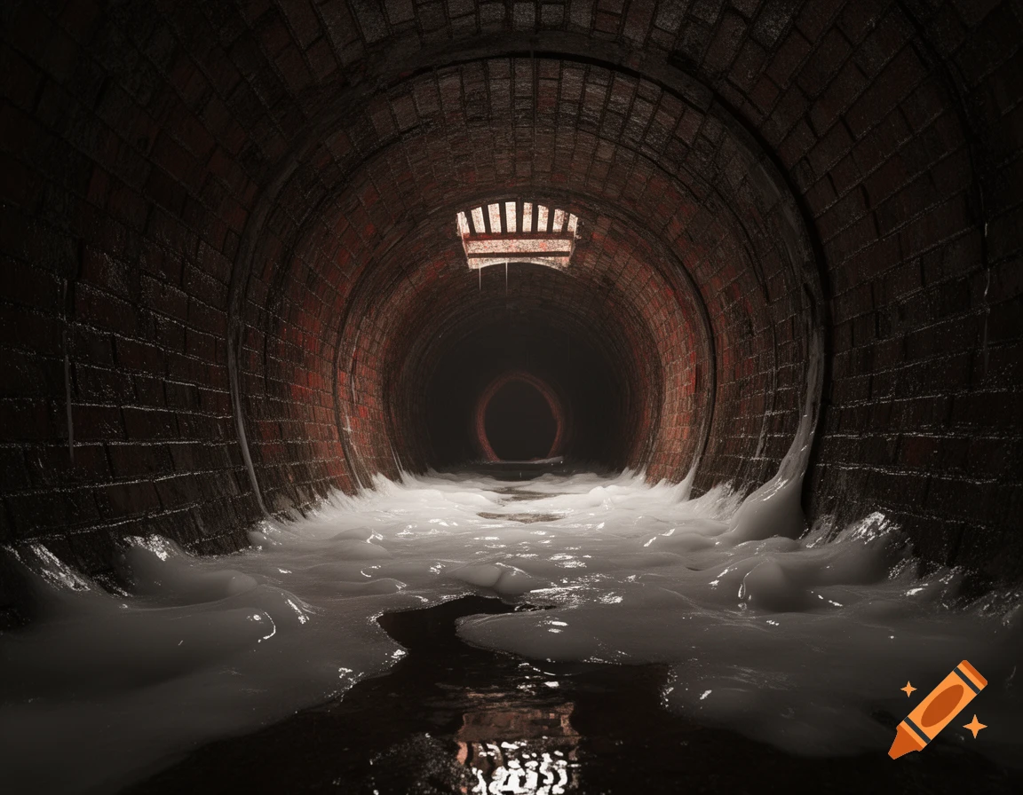 Dark, atmospheric underground brick sewer tunnel filled with white goo, lit by a distant glowing ring and an overhead grate.