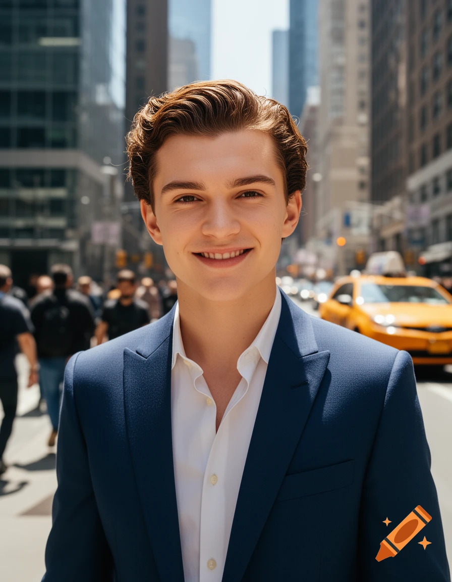 A smiling young man in a blue suit stands on a busy city street with ...