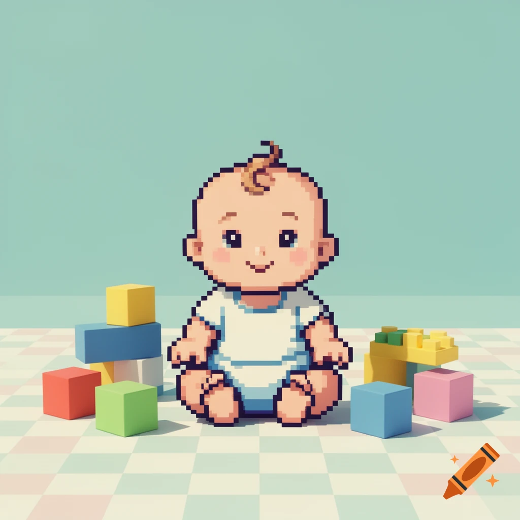 A smiling pixelated baby sits on a checkered floor surrounded by colorful building blocks.