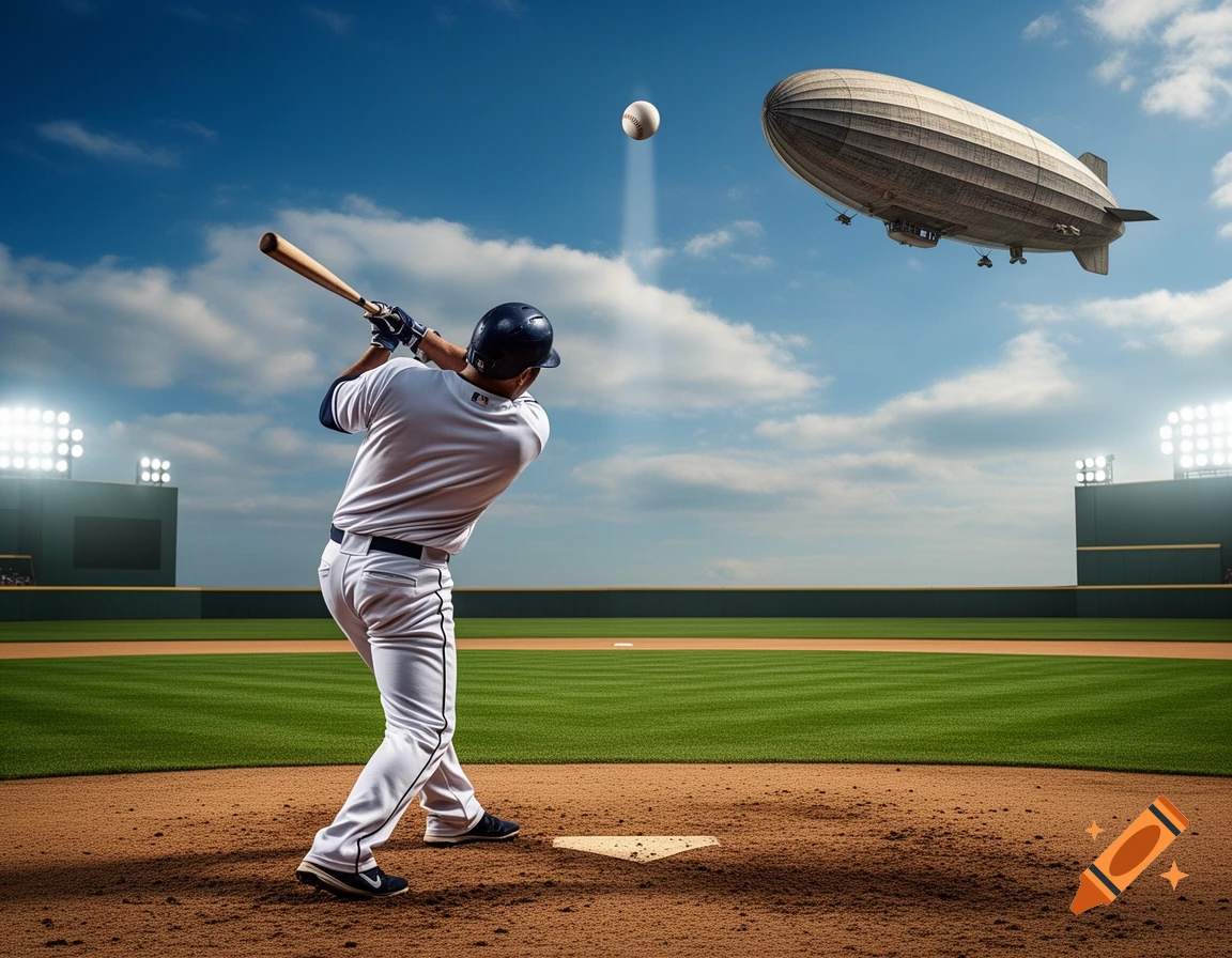 A baseball player swings a bat at a ball on a sunny day in a stadium, with a blimp flying in the sky.