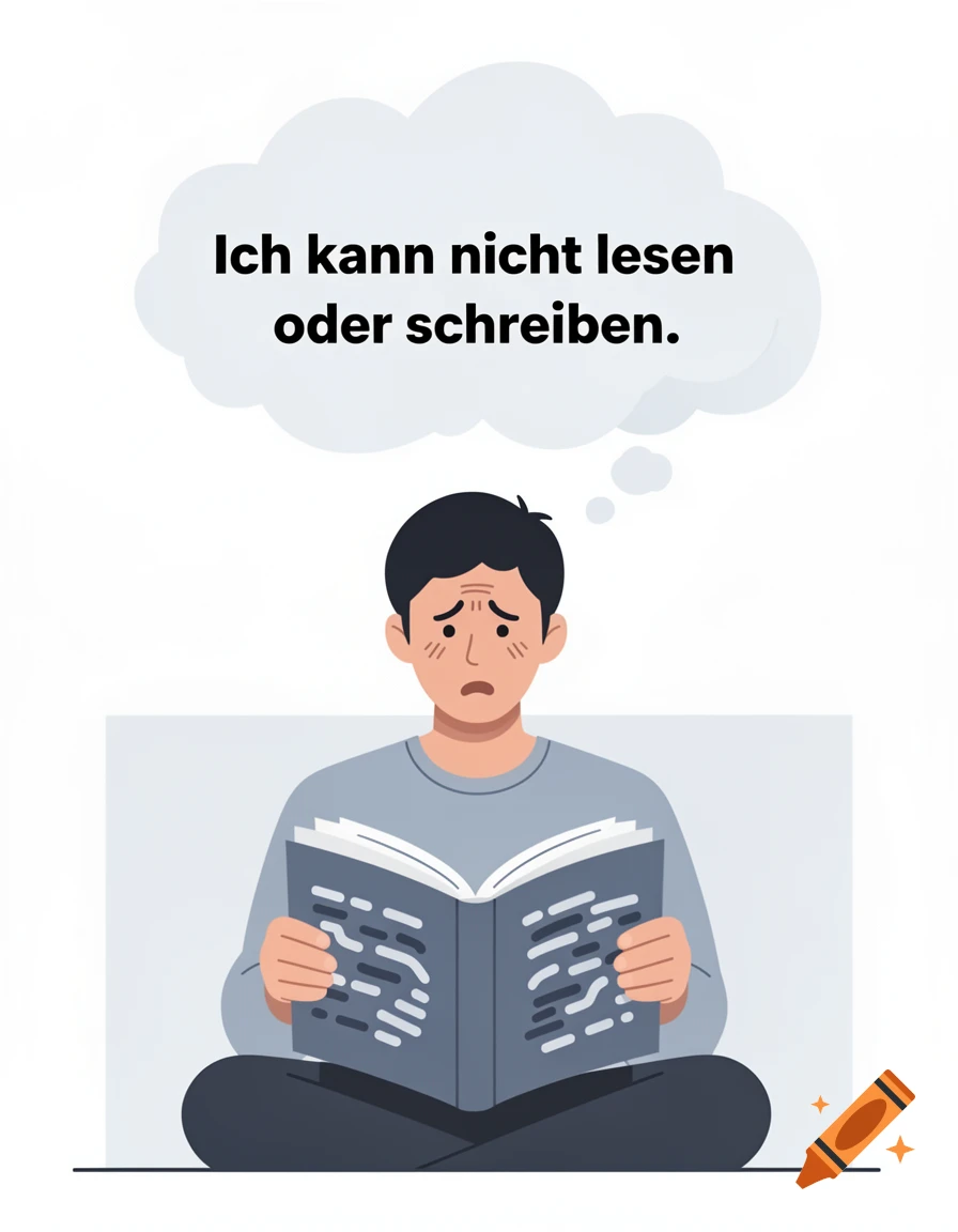 A man sits cross-legged, looking sad and holding an open book with gibberish text, a thought bubble above him reads "Ich kann nicht lesen oder schreiben."