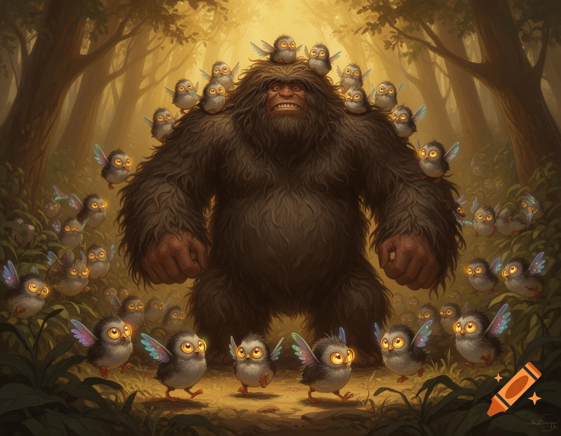 Detailed fantasy painting of a massive furry Bigfoot in a golden forest, surrounded by numerous small, cute, winged owlets.