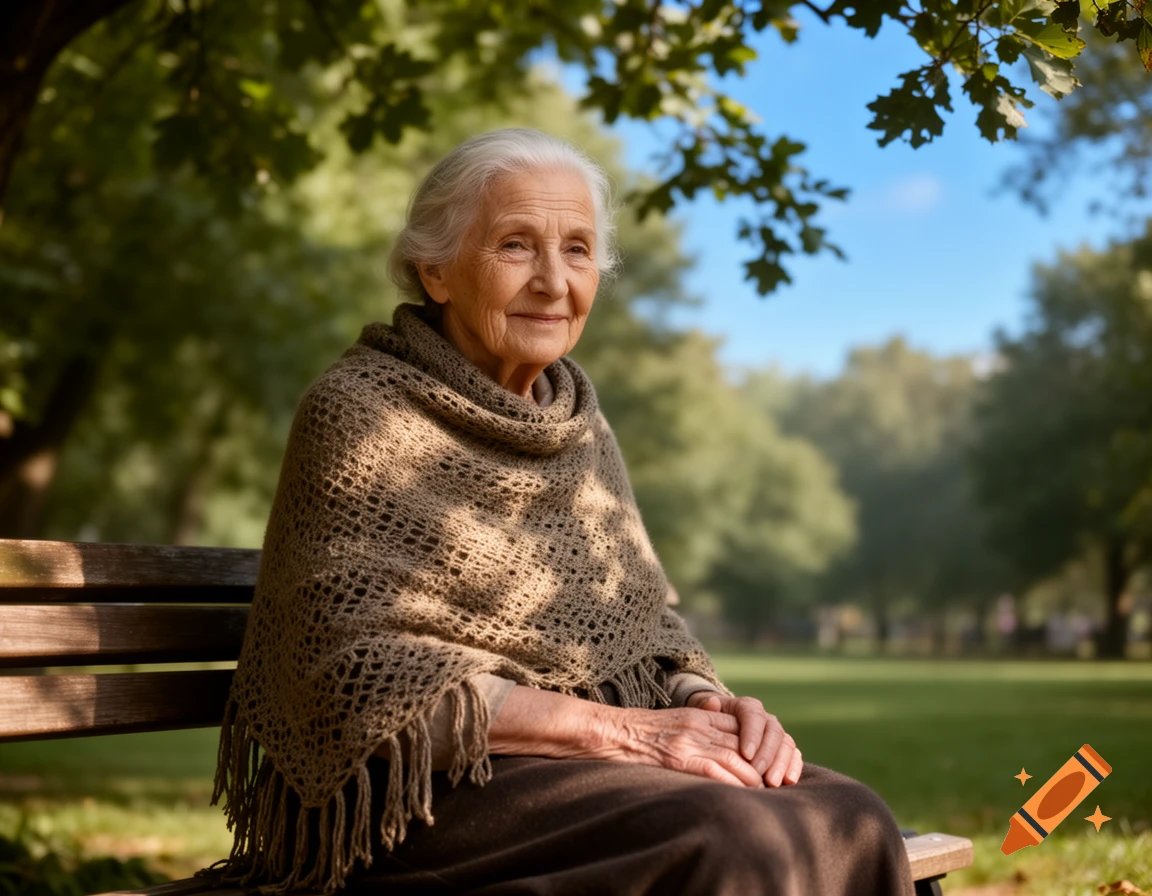 A smiling elderly woman with white hair sits on a park bench, wearing a knitted shawl, with green trees and a blue sky in the background.