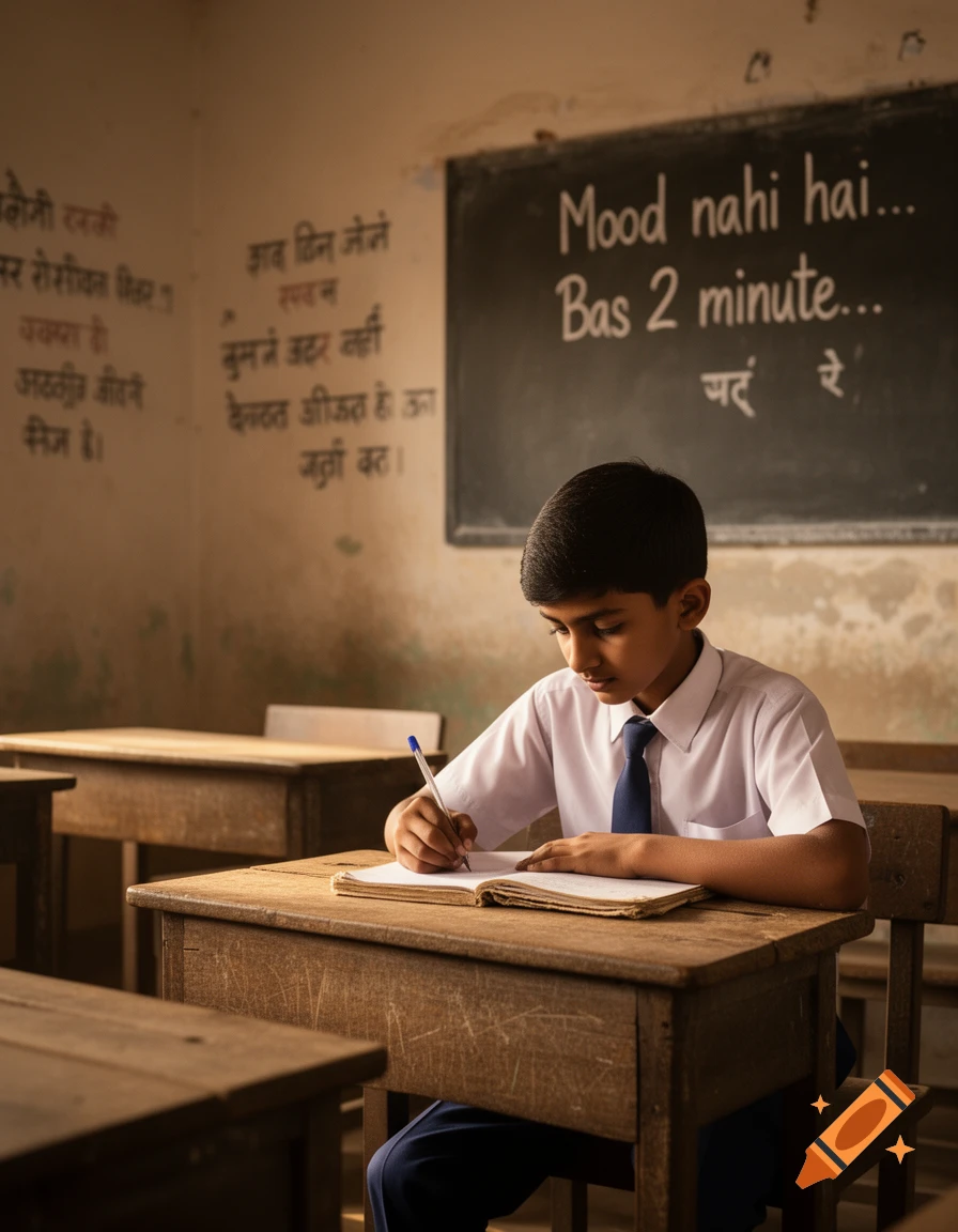 A young boy in a school uniform sits at a wooden desk in a classroom, writing in a notebook. Text on the blackboard reads "Mood nahi hai... Bas 2 minute..." in English and Hindi.