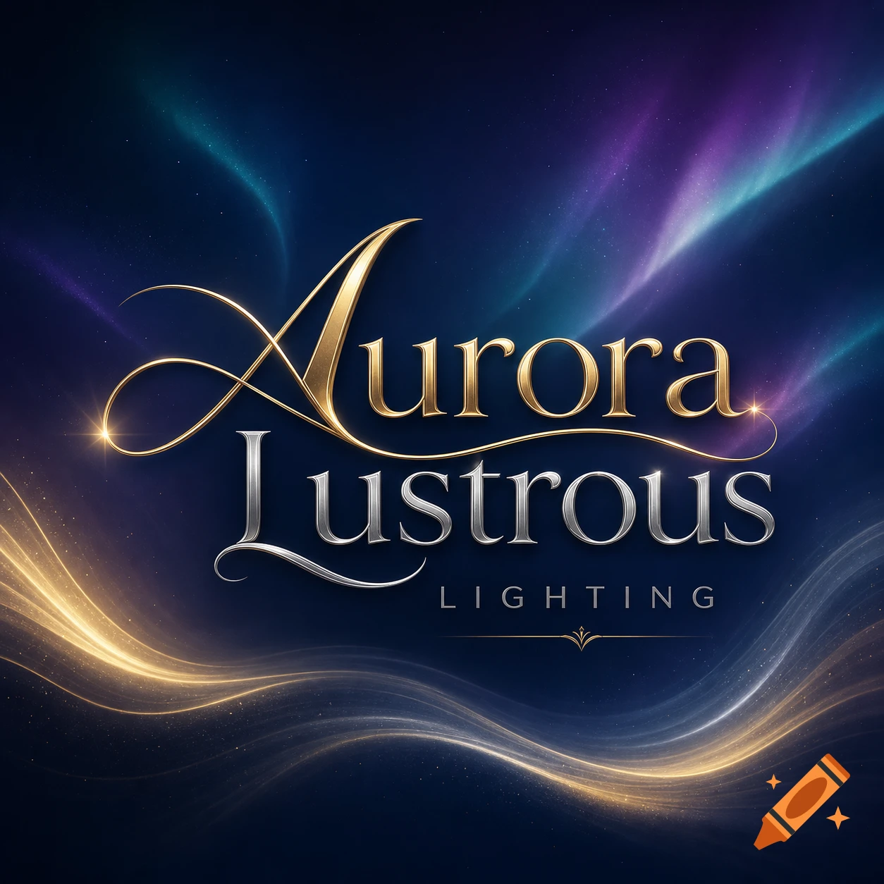 Elegant gold and silver 'Aurora Lustrous Lighting' logo against a dark blue celestial background with colorful aurora.