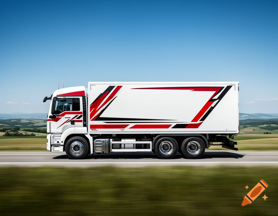 A white MAN truck with red and black sporty design elements drives on a road through a rural landscape under a clear blue sky.