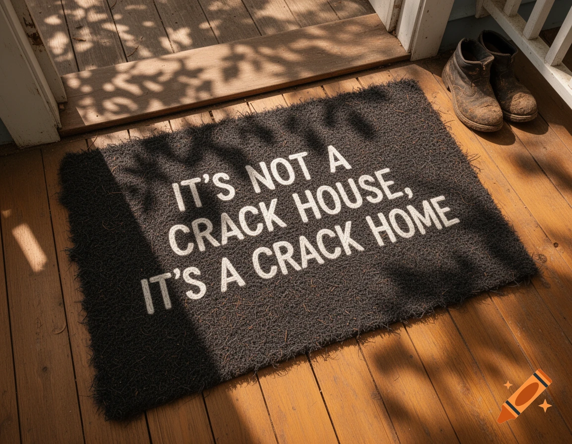 A doormat with the text 'It's Not A Crack House, It's A Crack Home' sits on a wooden porch next to a pair of old boots.