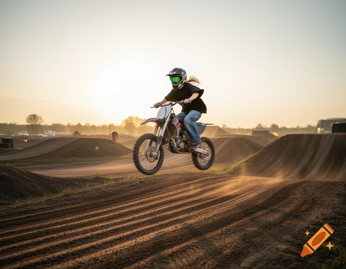 A person in a helmet and goggles jumps a motocross bike over a dirt ramp at sunset on a track.