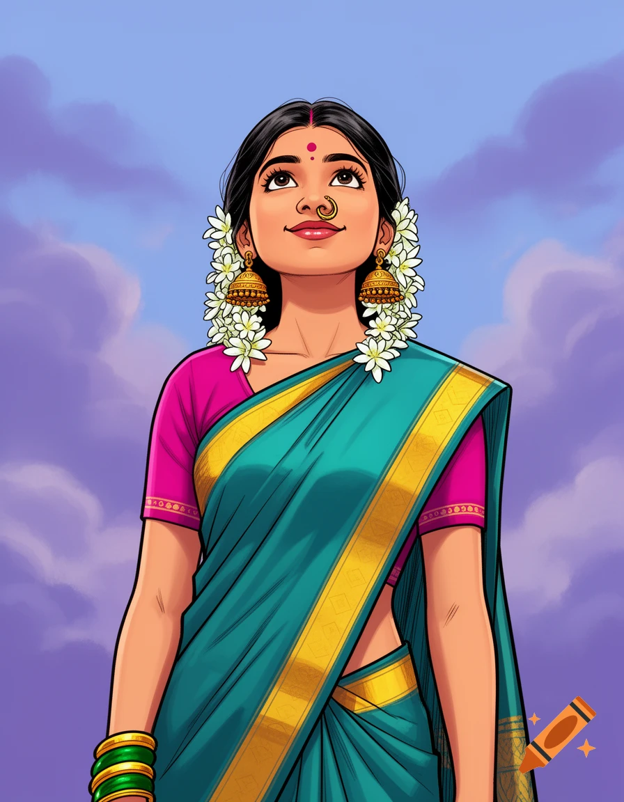 Digital illustration of an Indian woman in a teal saree with golden accents, traditional jewelry, and jasmine flowers, smiling and looking up at a cloudy sky.