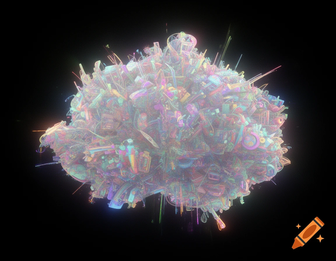 An abstract, shimmering mass of fused, colorful objects against a black background, with visual noise and a dreamlike quality.