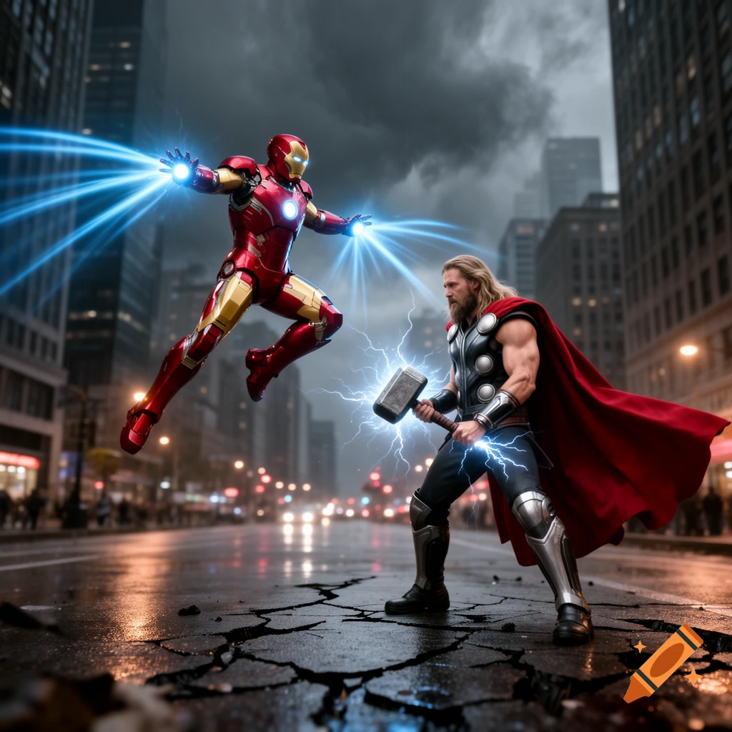 Iron Man flies with energy blasts, facing Thor holding a lightning-charged Mjolnir on a cracked, wet city street.