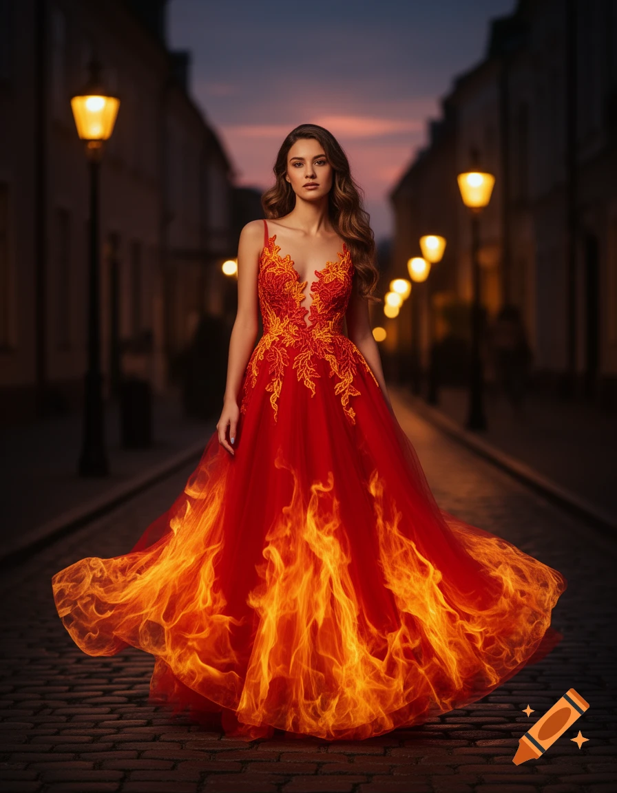 A woman in a long, red, fiery dress with gold embroidery stands on a cobblestone street lined with glowing streetlights at dusk.