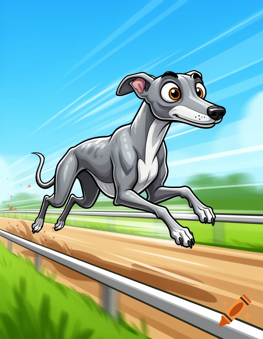 A cartoon greyhound dog races across a dirt track under a blue sky, with motion blur in the background.