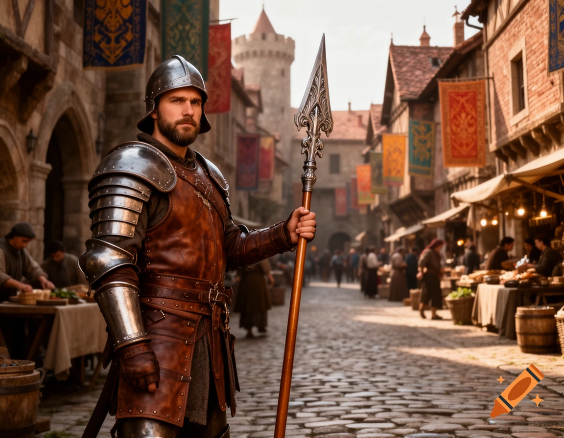 A bearded fantasy town guard in armor and leather, holding a spear, stands on a cobblestone street in a bustling medieval town.