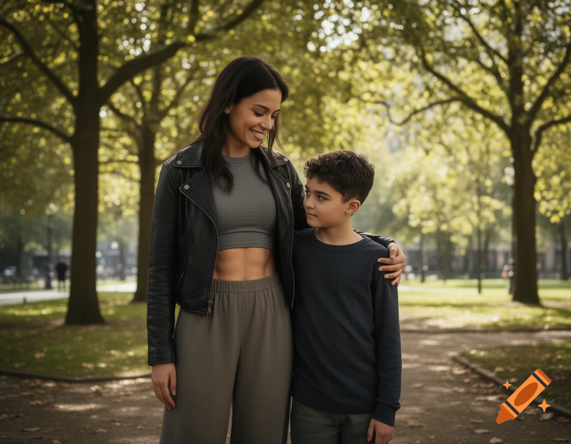A smiling woman in a leather jacket and cropped top with her arm around a young boy in a sunny park.