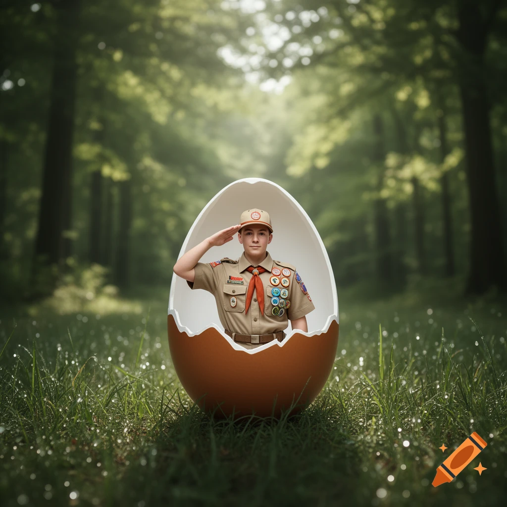 A boy scout saluting from inside a broken Kinder egg, set in a lush, sunlit forest.