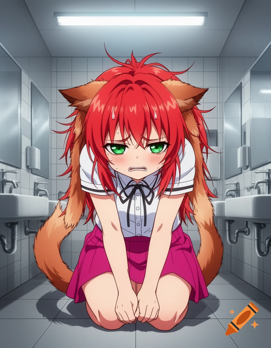 Anime catgirl with red hair and green eyes, looking distressed, kneeling in a restroom with multiple sinks.
