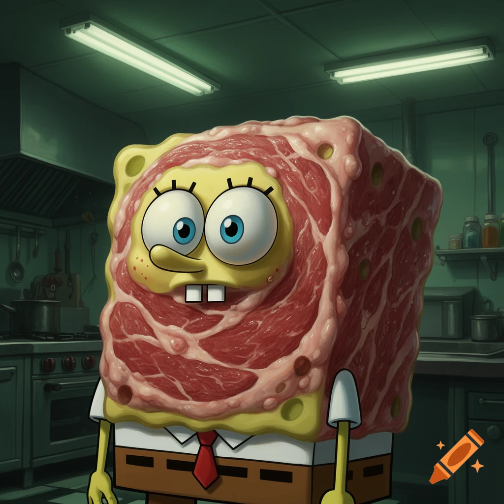 Grotesque cartoon SpongeBob with a body made of raw meat, standing in a dimly lit kitchen.
