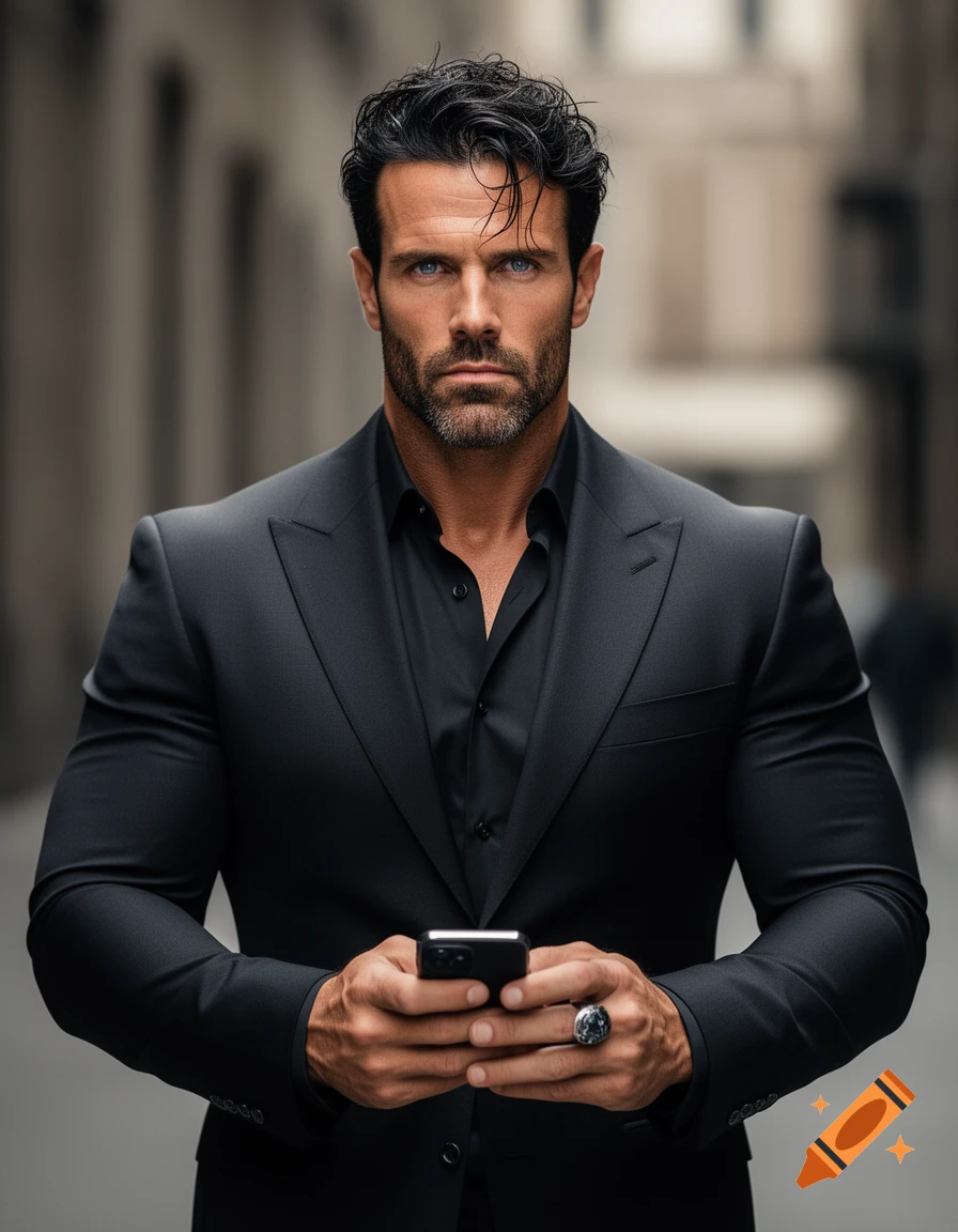 A muscular man with a beard, dark hair, and blue eyes wears a tailored black suit and black shirt while holding a smartphone.
