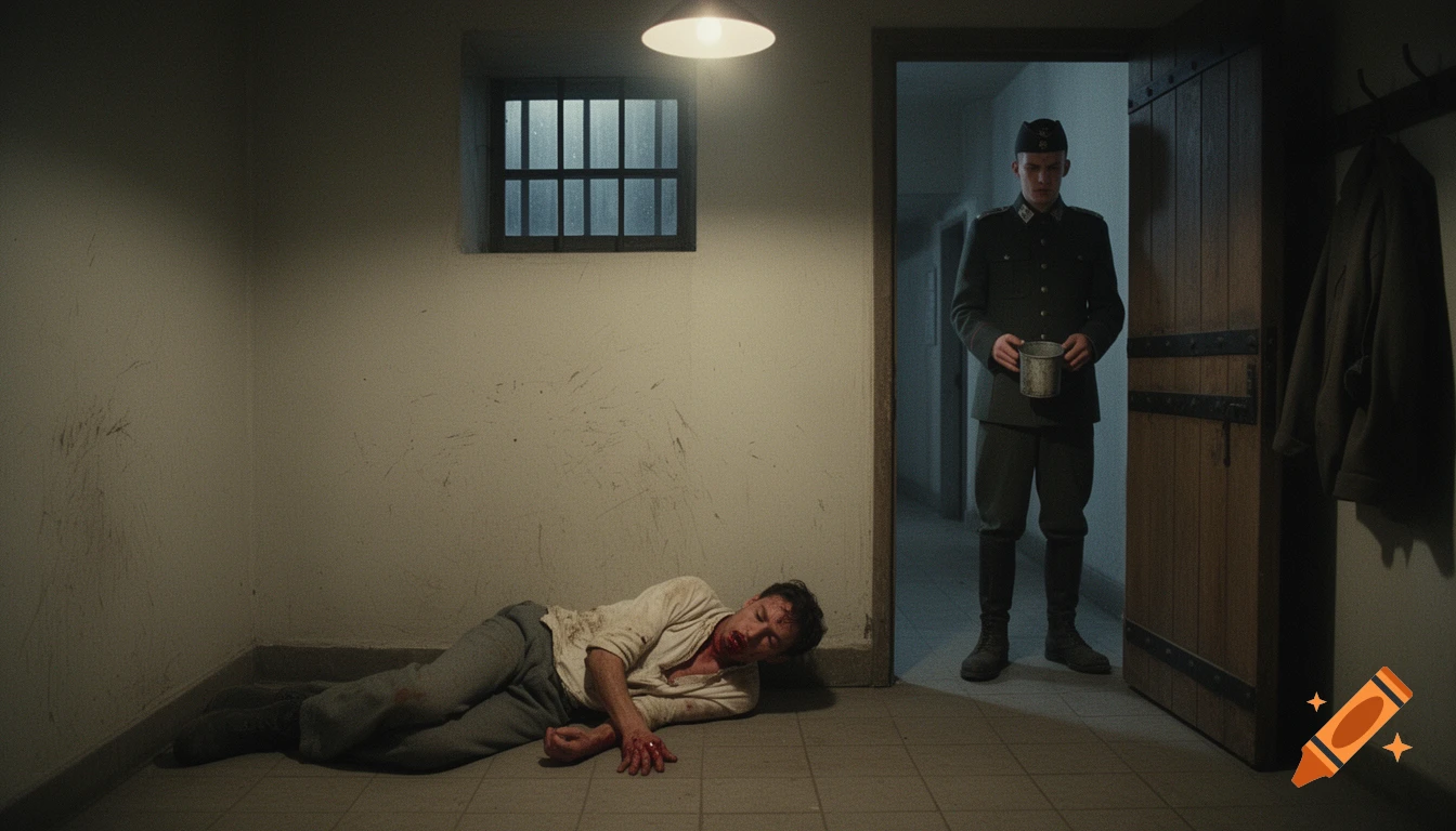 A wounded man lies on a cell floor while a soldier stands in the doorway, a barren, dark prison cell.