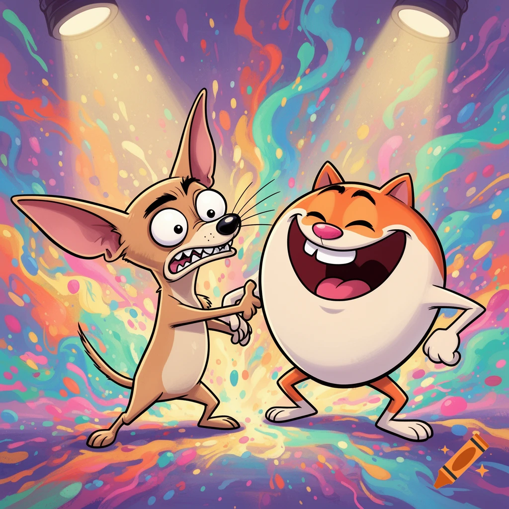 Cartoon chihuahua-like dog with wide eyes and bared teeth next to a laughing, round, orange and white hamster-like creature, against a colorful paint-splatter background with two spotlights.