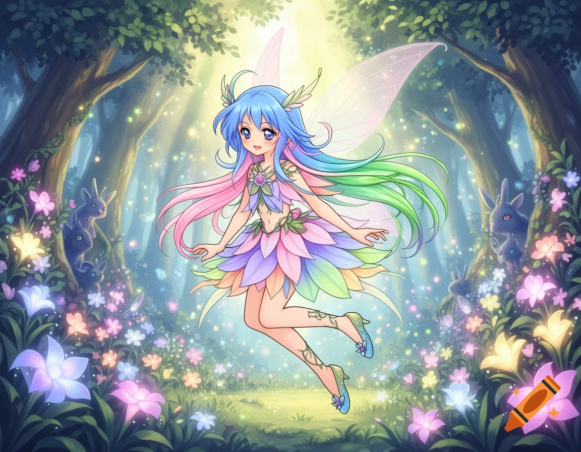 Anime fairy with multi-colored hair and a petal dress floats in a magical forest with glowing flowers and rabbits.