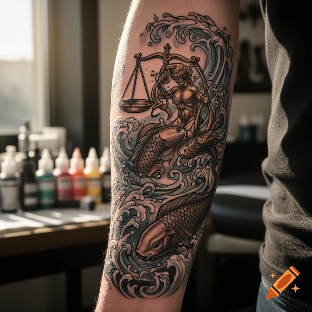 Detailed tattoo on an arm featuring a figure holding scales, koi fish, and swirling ocean waves.