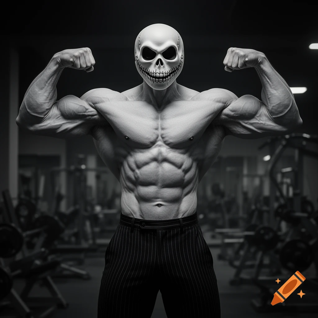 A photorealistic monochrome image of a very muscular person with a Jack Skellington skull face flexing in a gym.