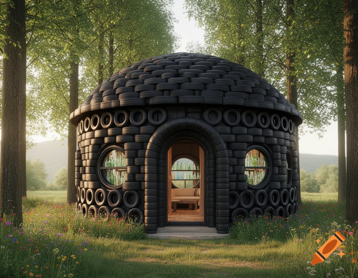 Photorealistic image of a dome-shaped house made of black tires in a sunny, wildflower-filled meadow surrounded by tall green trees.