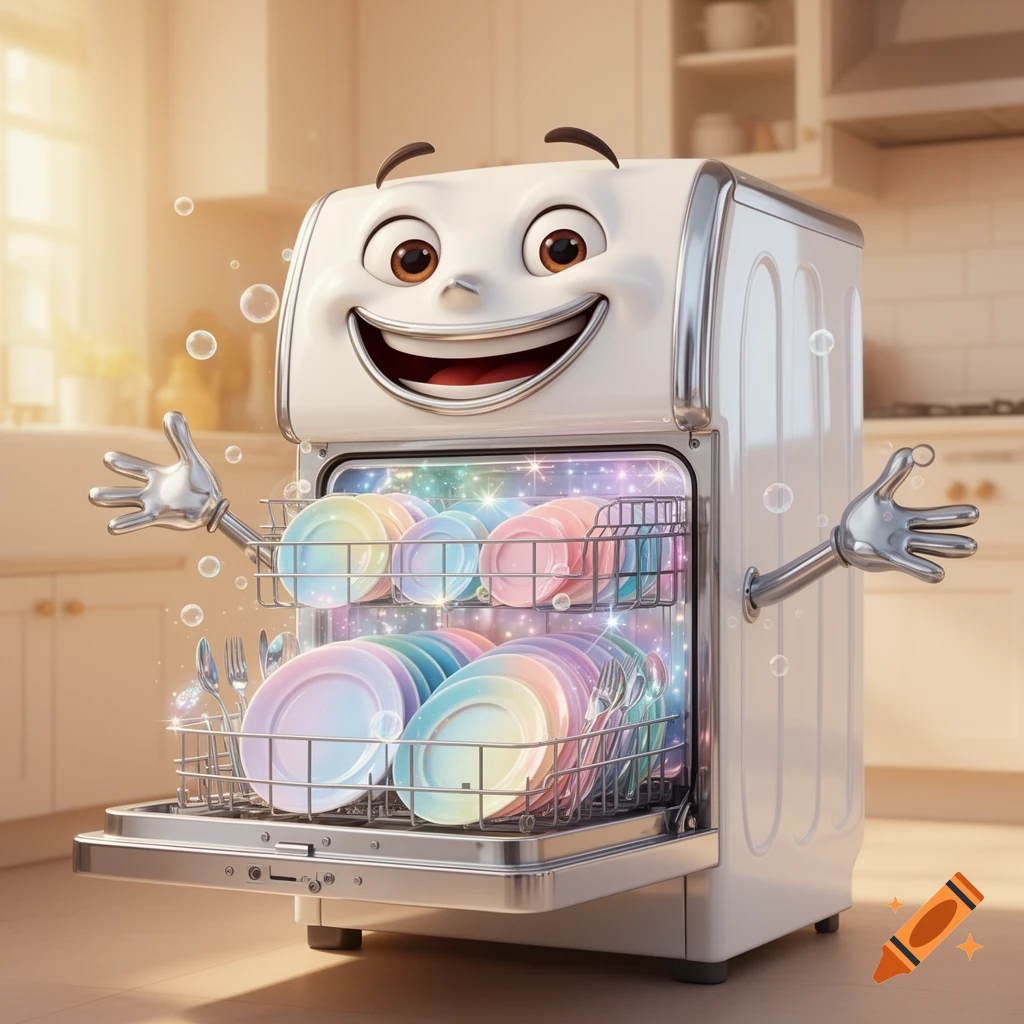 A cartoon dishwasher with a happy face and shiny arms, filled with sparkling, clean pastel-colored dishes, stands in a bright kitchen.